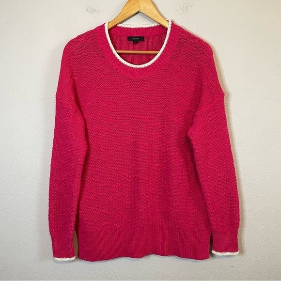 J Crew Pink White Tipped Beach Oversized Sweater Crew Neck Loose Knit Size Small - Picture 1 of 10